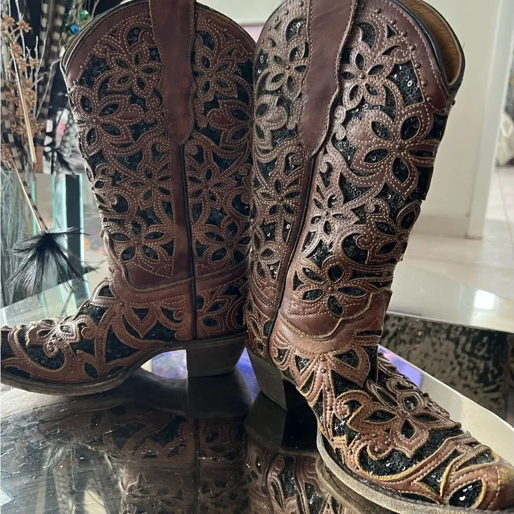 A4083g glitter INLAY FLORAL OVERLAY CRYSTALS & STUDS BROWN SNIP TOE COWBOY BOOT